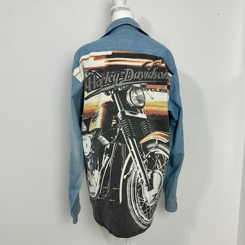 Harley Davidson Denim Button Up Shirt Mens Large Blue Good